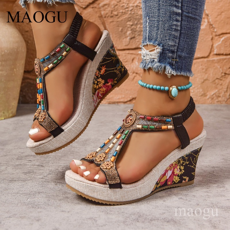 Ethnic Modern Fashion - Sandálias Anabela Boho com Miçangas e
