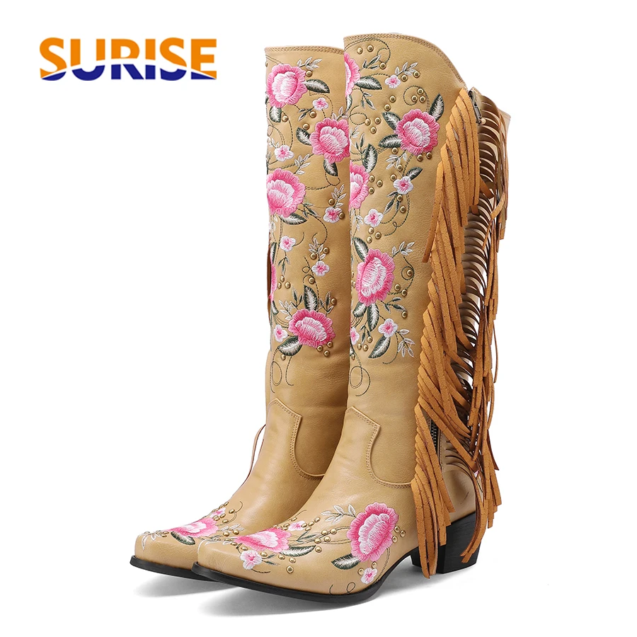 Ethnic Fashion In - Moda bordado flor ocidental joelho botas